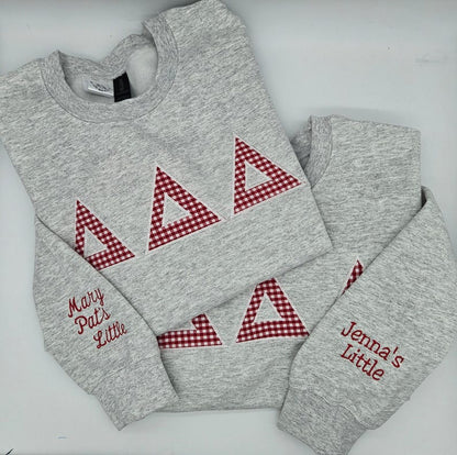 Gingham Sorority Letters Embroidered sweatshirt, hoodie. Delta Delta Delta, Chapter sweatshirt. Big Little shirts. Delta Gamma.