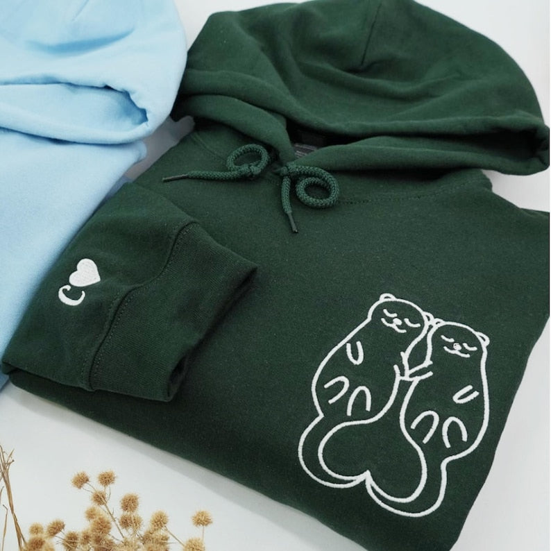 Embroidered Otter Love Matching Couples Hoodie, Couple Embroidery Sweatshirt, Custom Sleeve, Anniversary Sweater, Gift For Him Her