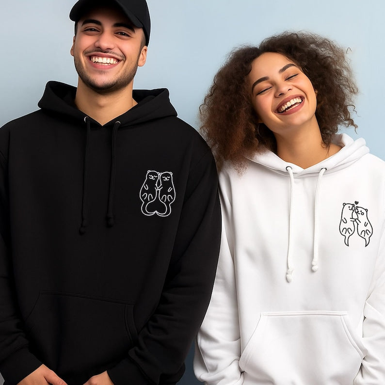 Embroidered Otter Love Matching Couples Hoodie, Couple Embroidery Sweatshirt, Custom Sleeve, Anniversary Sweater, Gift For Him Her