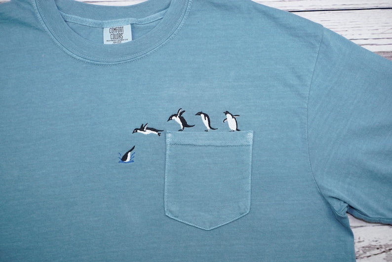 Embroidered Penguin Pocket Tee, Comfort Colors Vintage Style Garment-Dyed T-Shirt, Unisex Adult