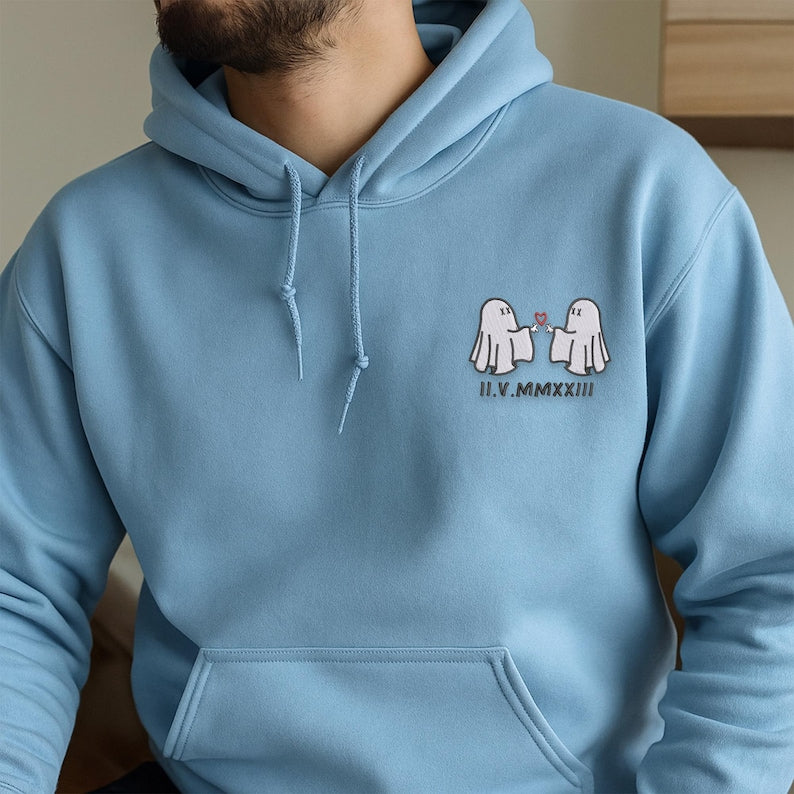 Personalized Ghost Couple Embroidered Hoodie Matching Halloween Hoodie with Custom Roman Numerals, Gift for Boyfriend or Girlfriend