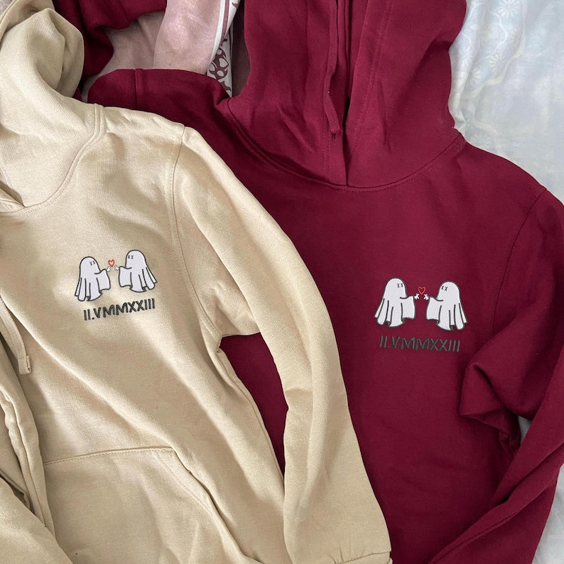 Personalized Ghost Couple Embroidered Hoodie Matching Halloween Hoodie with Custom Roman Numerals, Gift for Boyfriend or Girlfriend