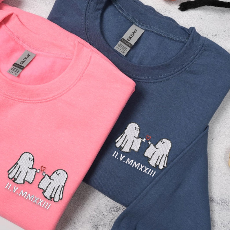 Personalized Ghost Couple Embroidered Hoodie Matching Halloween Hoodie with Custom Roman Numerals, Gift for Boyfriend or Girlfriend