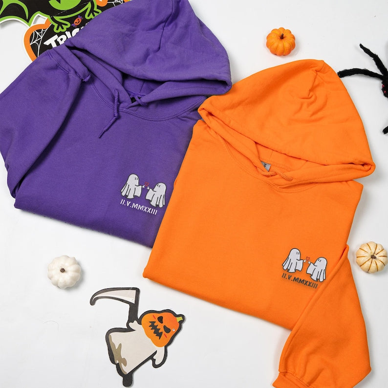 Personalized Ghost Couple Embroidered Hoodie Matching Halloween Hoodie with Custom Roman Numerals, Gift for Boyfriend or Girlfriend