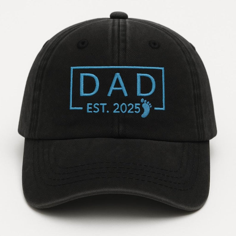 New Dad Hat EST. Year Personalized Embroidered Baseball Cap with Baby Footprint, Thoughtful Father-to-Be Gift for Pregnancy Announcement or First Father s Day