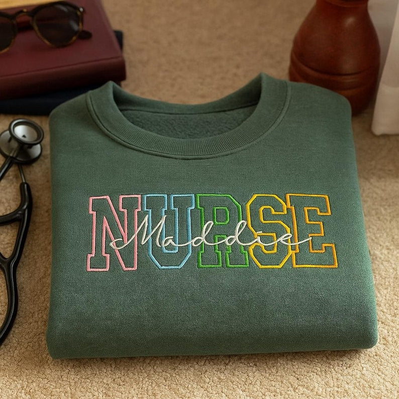 Personalized Nurse Sweatshirt - Custom Name Embroidered Colorful Letter Hoodie, Nursing Student or RN Appreciation Gift for Women and Men