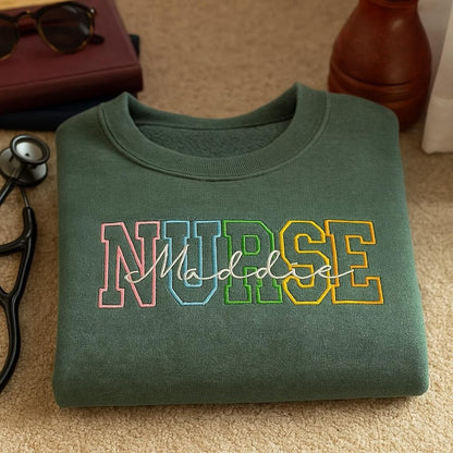 Personalized Nurse Sweatshirt - Custom Name Embroidered Colorful Letter Hoodie, Nursing Student or RN Appreciation Gift for Women and Men