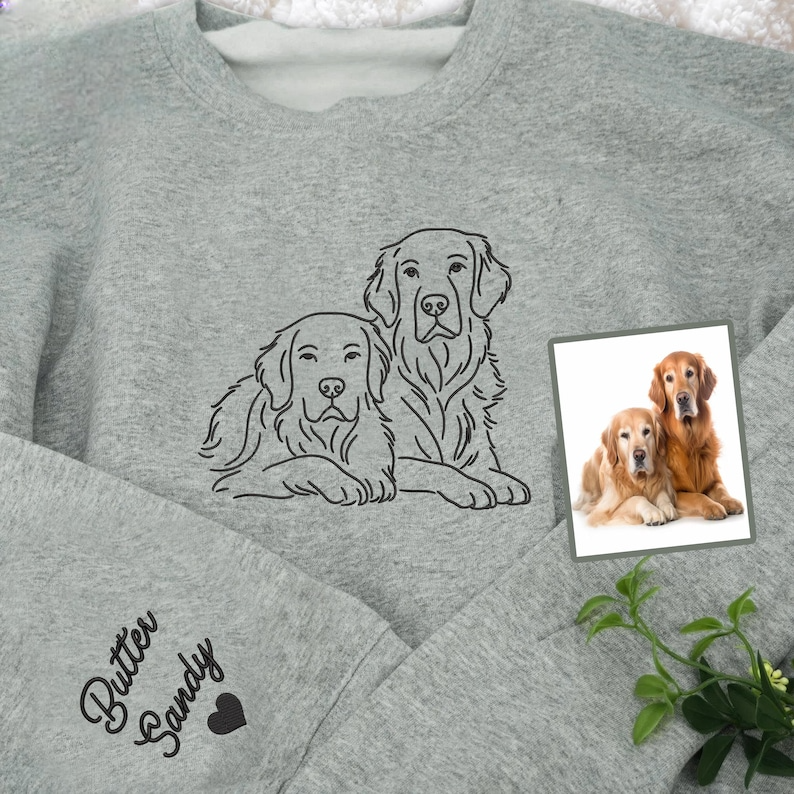Custom Pet from Photo Embroidered Sweatshirt, Line Art Dog Portrait Sweater, Cat Portrait Hoodie, Pet Face and Pet Name, Christmas Gift