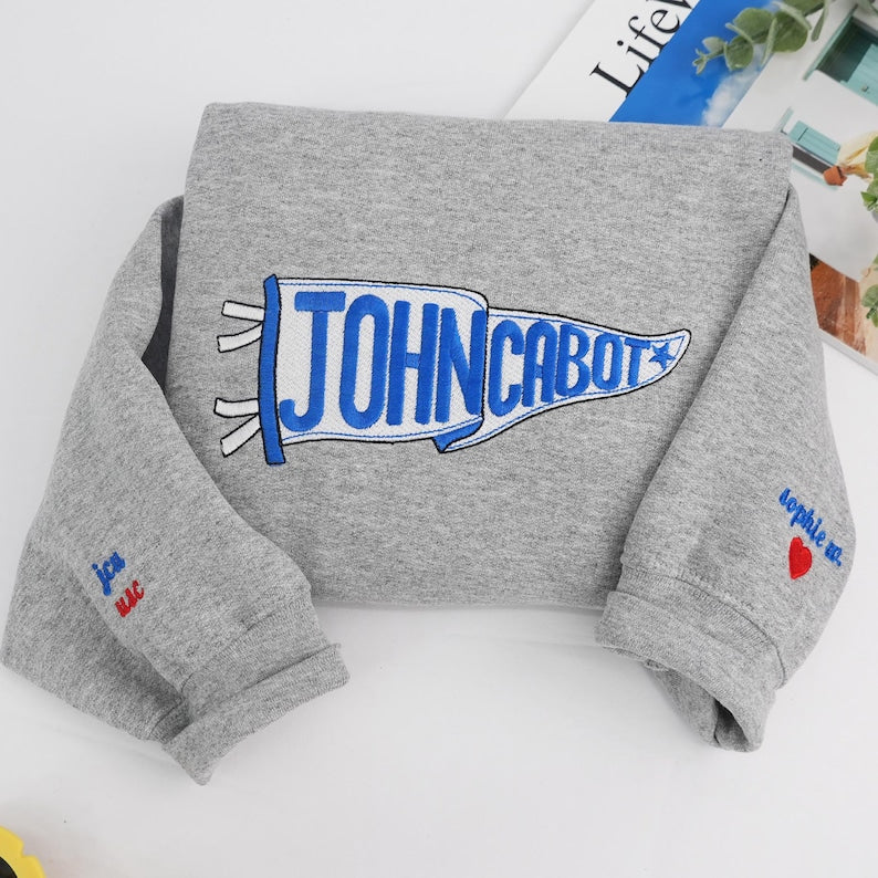 Embroidered Pennant Sweatshirt with Team Name, Custom Embroidered Pennant Shirt, Custom High School College Hoodie, Game Day, Friend Gift