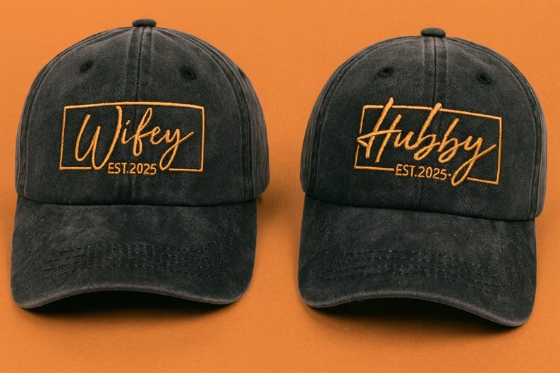 Matching Wifey and Hubby Hats Personalized Couple Baseball Caps with Embroidered Text, Adjustable Vintage Dad Hat Style, Cute Wedding or Anniversary Gift