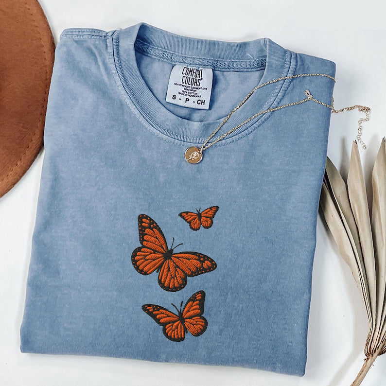 Butterfly Comfort Colors Tee, Embroidered Butterfly Shirt, Minimalist Shirt, Embroidered Tee, Embroidered Shirt, Custom Shirt, Retro Shirt
