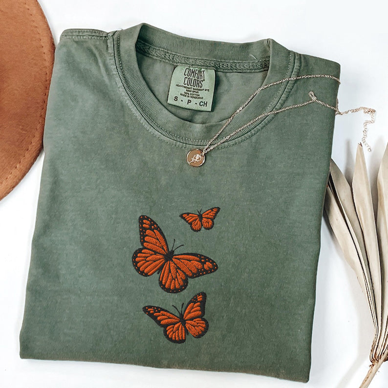 Butterfly Comfort Colors Tee, Embroidered Butterfly Shirt, Minimalist Shirt, Embroidered Tee, Embroidered Shirt, Custom Shirt, Retro Shirt