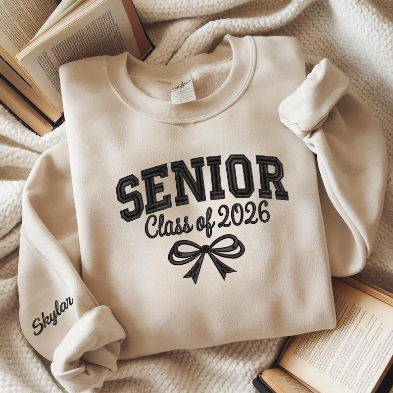 Personalized Senior Class of 2026 Sweatshirt Custom Graduation Crewneck with Name, Cute Bow Design, High School or College Senior Gift Keepsake