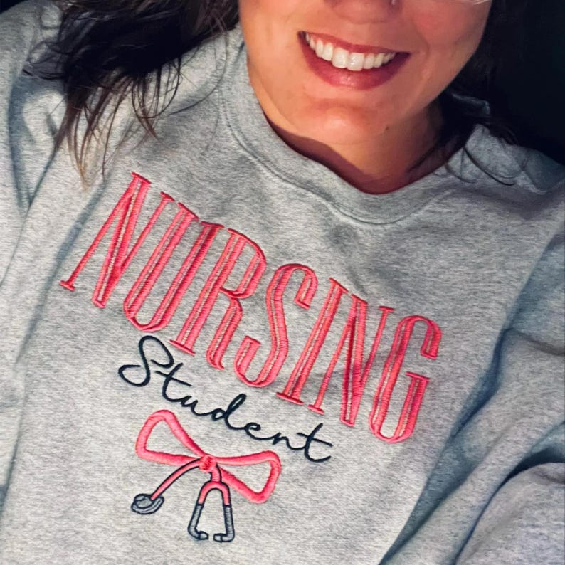 NURSING STUDENT Embroidered Hoodie, Bow Stethoscope, Nursing Sweatshirt, Embroidered Sweatshirt, Nursing School Gift Crewneck