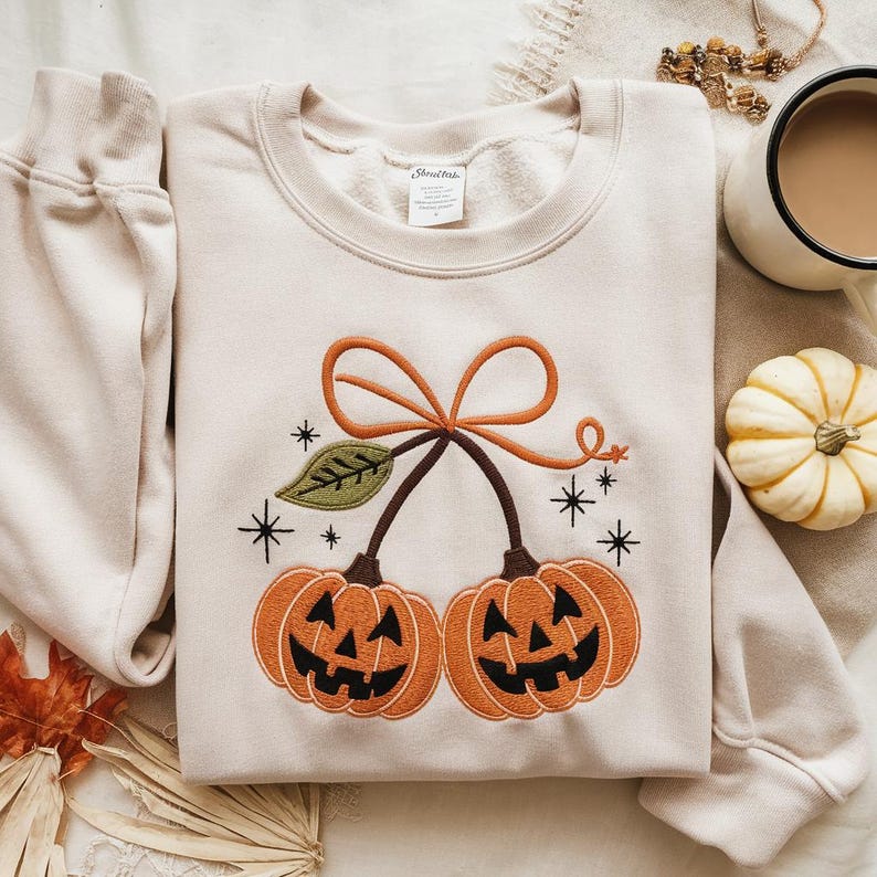Embroidered Pumpkin Cherries Autumn Girly Sweatshirt, Halloween Pumpkin Shirt, Fall pumpkin Tee, Pumpkin Cheeries Coquette Tee, Fall Shirt