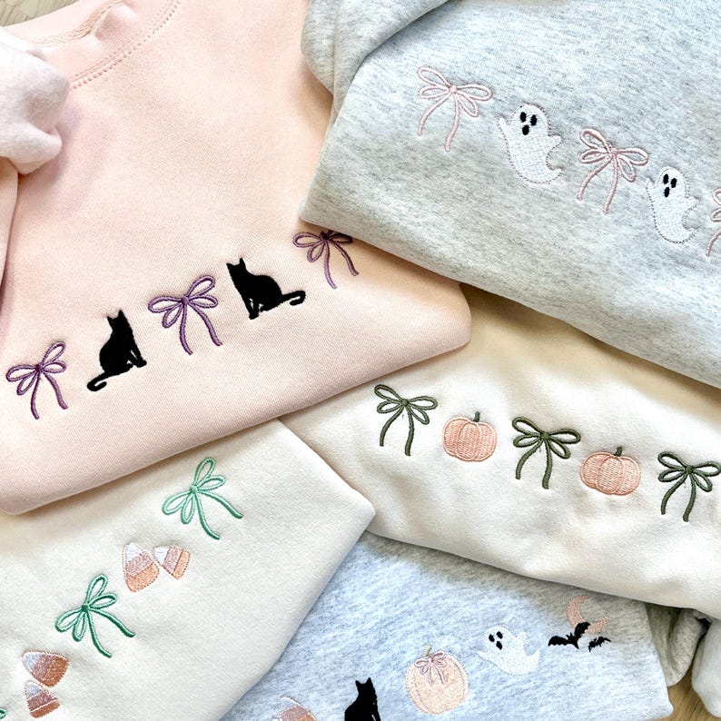Embroidered Coquette Halloween Icon Crewneck Sweatshirt | Cute Halloween | Spooky Season| Coquette Bow | Gift for Her| Autumn, Fall |G18ECHI