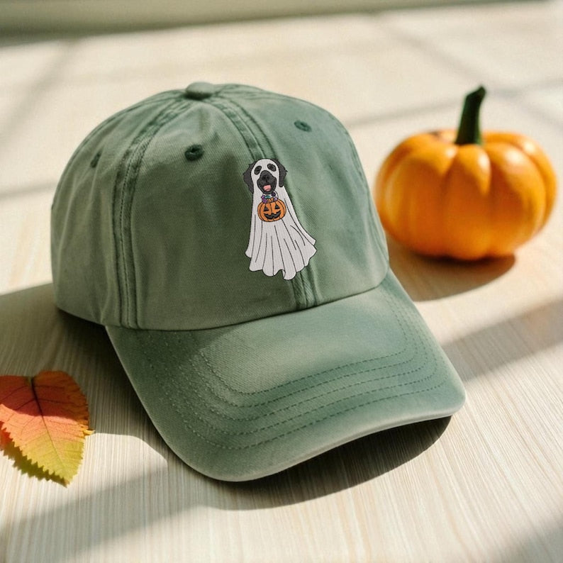 Custom Dog Embroidered Hat Halloween Ghost Dog Washed Hat Halloween Embroidered Baseball Hat Dogs Embroidered Cap Pet Ghost Hat