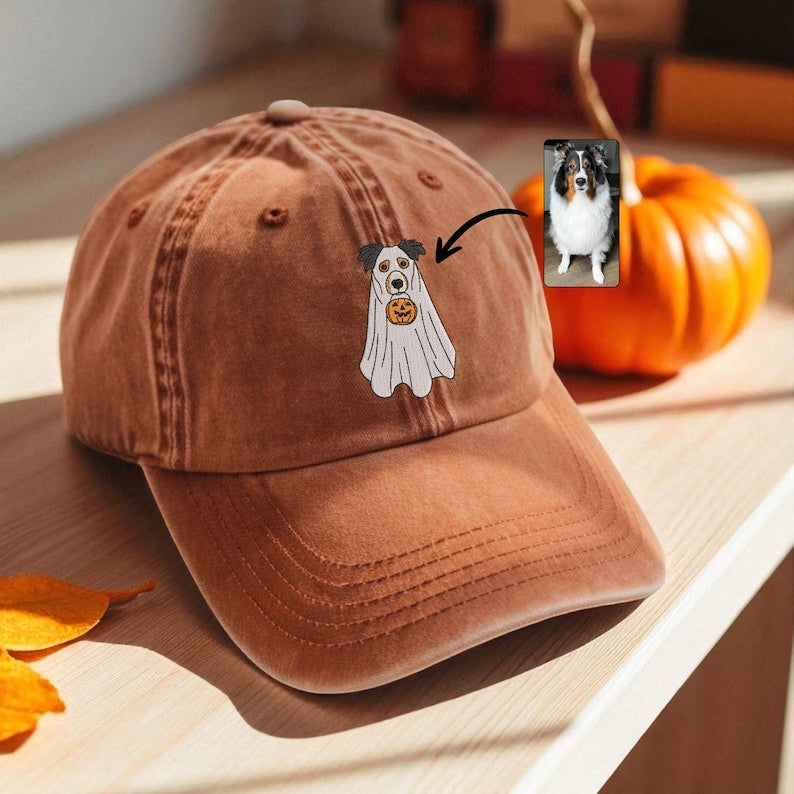 Custom Dog Embroidered Hat Halloween Ghost Dog Washed Hat Halloween Embroidered Baseball Hat Dogs Embroidered Cap Pet Ghost Hat