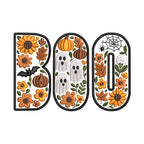 BOO Embroidery Design, Floral Halloween Letters with Ghosts, Pumpkins and Fall Flowers