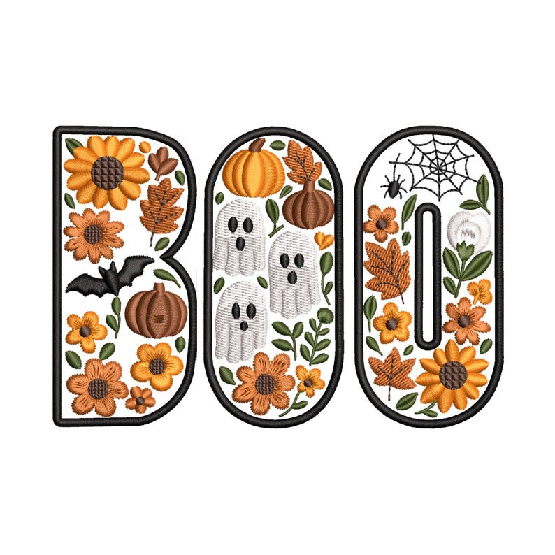 BOO Embroidery Design, Floral Halloween Letters with Ghosts, Pumpkins and Fall Flowers