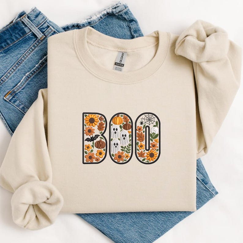 BOO Embroidery Design, Floral Halloween Letters with Ghosts, Pumpkins and Fall Flowers
