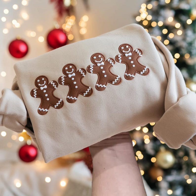 Gingerbread Men Embroidered Sweatshirt, Cute Christmas Cookie Crewneck,Matching Holiday Pullover, Festive Unisex Winter Sweater