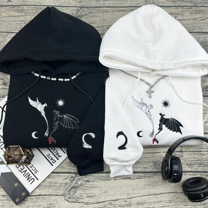Toothless & Light Fury Embroidered T-Shirt, Toothless And Light Fury Couple Matching Sweater, How To Train Your Dragon Embroidery Hoodie