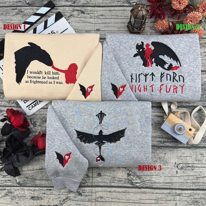 The Night Fury Dragon HTTYD Embroidered T-Shirt, How To Train Dragon Matching Sweater,Dragon Trainer Disney Embroidery Hoodie