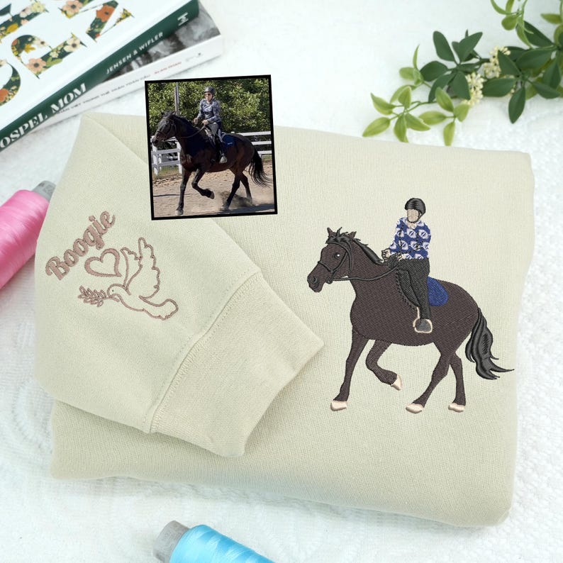 Custom Embroidered Portrait Sweatshirt From Photo - Personalized Horse Portrait Hoodie - Horse Riding Sweatshirt - Gift for Horse Lover