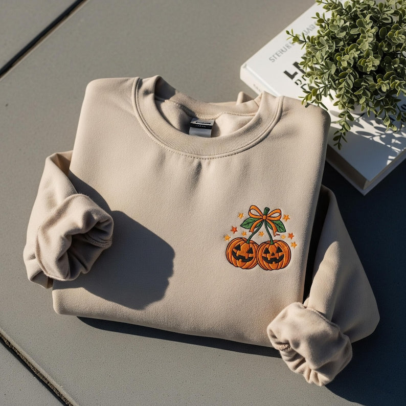 Pumpkin Cherries Embroidery Sweatshirt, Autumn Girly Embroidered Crewneck, Pumpkin Cherries Coquette Embroidery, Embroidered Fall Sweatshirt