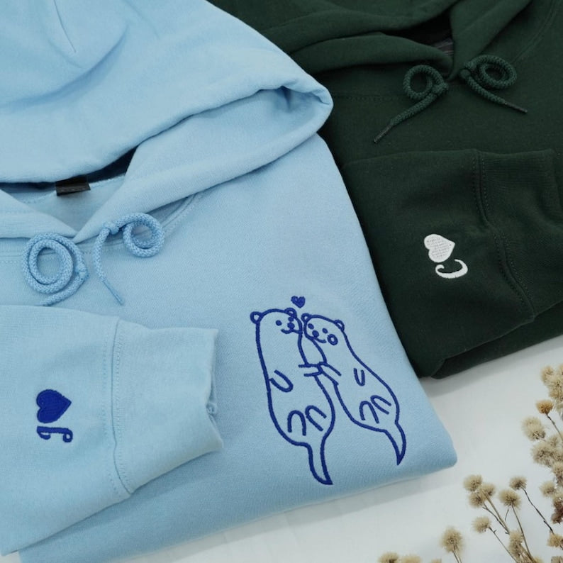 Embroidered Otter Love Matching Couples Hoodie, Couple Embroidery Sweatshirt, Custom Sleeve, Anniversary Sweater, Gift For Him Her