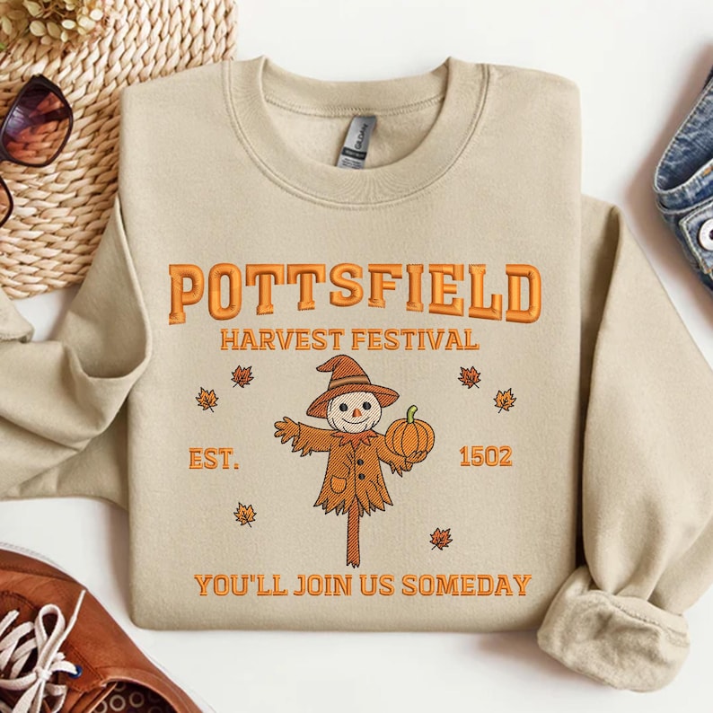 Pottsfield Harvest Festival Embroidery Sweatshirt, Autumn Scarecrow With Pumpkin Embroidered Shirt, Thanksgiving Hoodie, Halloween Gift