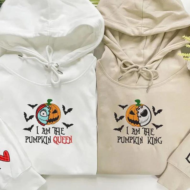 Custom The Pumpkin King & Queen Embroidery Halloween Couple Sweatshirt or Hoodie | Custom Couple Halloween Spooky Embroidered Tshirt