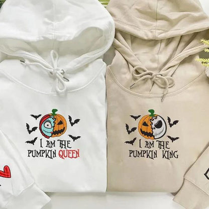 Custom The Pumpkin King & Queen Embroidery Halloween Couple Sweatshirt or Hoodie | Custom Couple Halloween Spooky Embroidered Tshirt