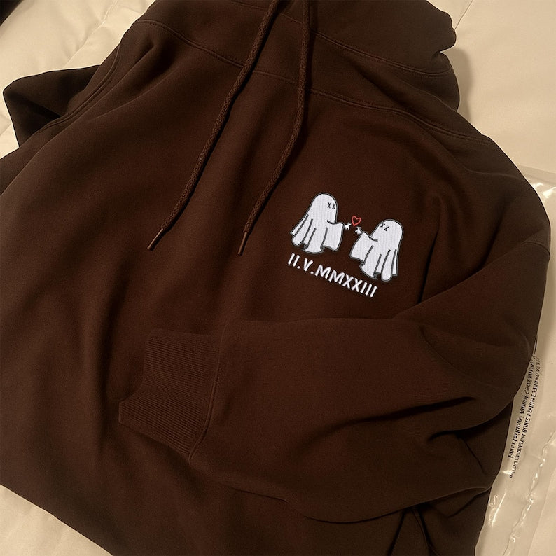 Personalized Ghost Couple Embroidered Hoodie Matching Halloween Hoodie with Custom Roman Numerals, Gift for Boyfriend or Girlfriend