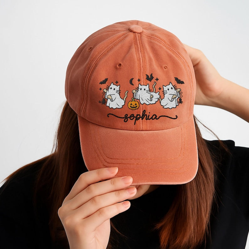 Personalized Halloween Embroidered Hat, Custom Name Halloween Baseball Cap, Halloween Cat Ghost Hat, Spooky Season Gift for Cat Lovers
