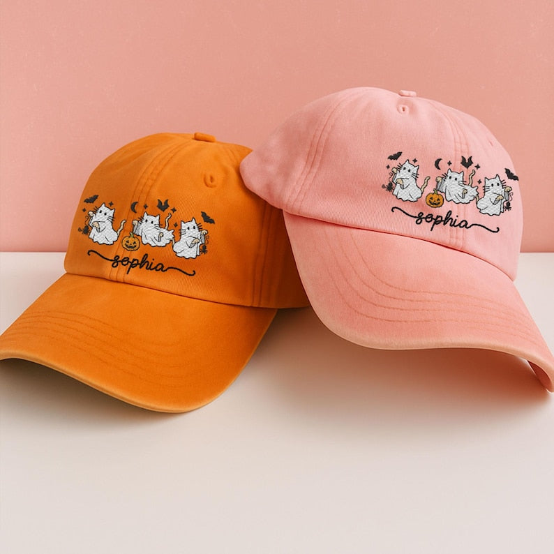 Personalized Halloween Embroidered Hat, Custom Name Halloween Baseball Cap, Halloween Cat Ghost Hat, Spooky Season Gift for Cat Lovers