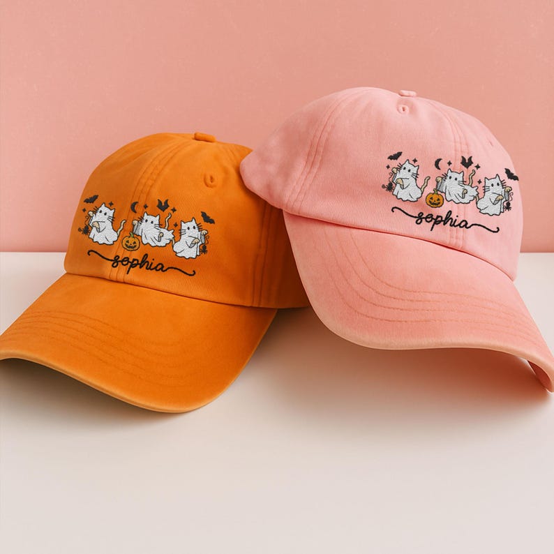 Personalized Halloween Embroidered Hat, Custom Name Halloween Baseball Cap, Halloween Cat Ghost Hat, Spooky Season Gift for Cat Lovers