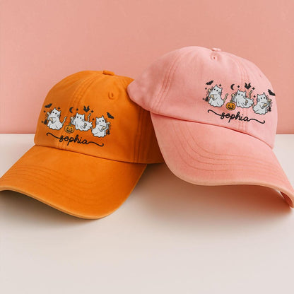 Personalized Halloween Embroidered Hat, Custom Name Halloween Baseball Cap, Halloween Cat Ghost Hat, Spooky Season Gift for Cat Lovers