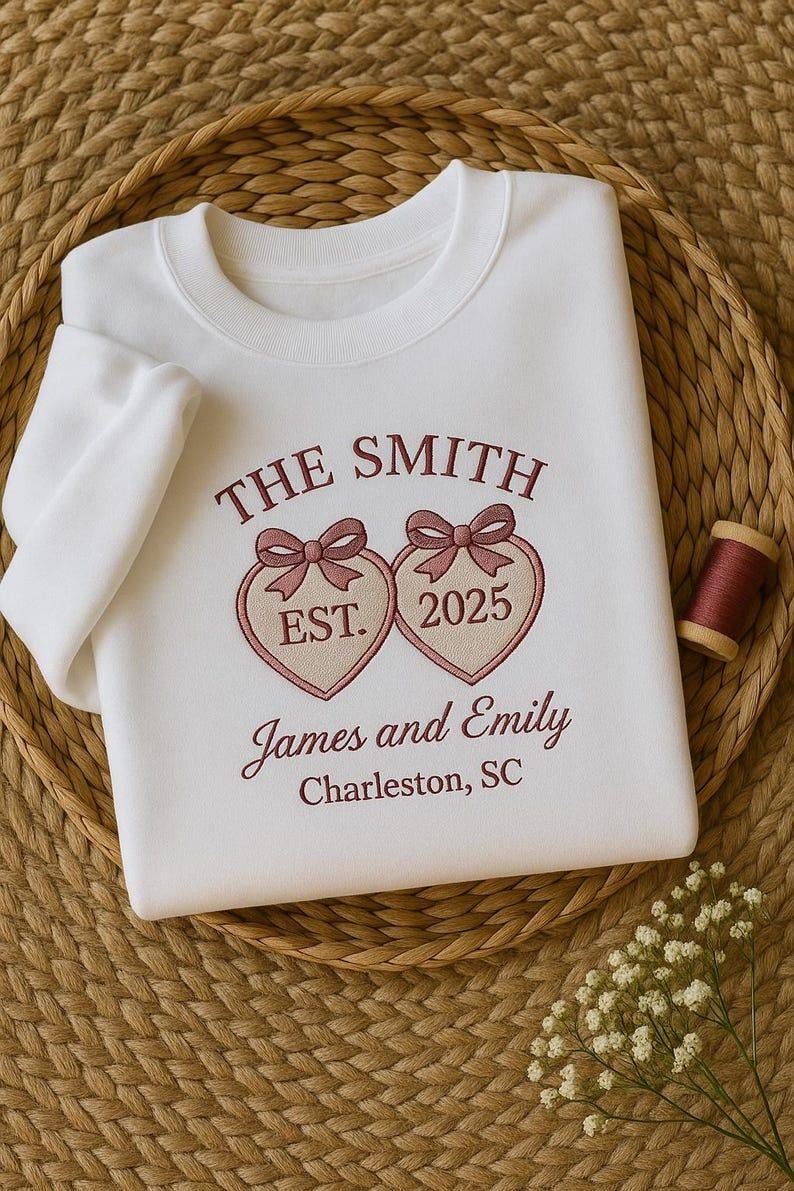 Custom Wedding Sweatshirt, Embroidered Coquette Bow Wedding Sweater, Personalized Bridal Crewneck, Engagement Hoodie, Matching Anniversary Hoodie