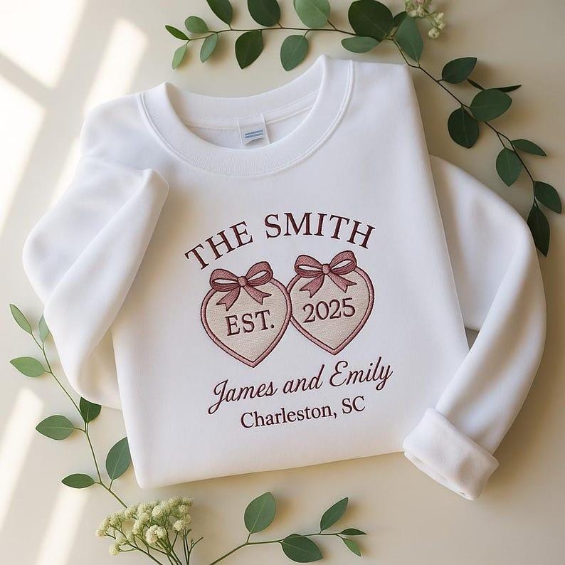 Custom Wedding Sweatshirt, Embroidered Coquette Bow Wedding Sweater, Personalized Bridal Crewneck, Engagement Hoodie, Matching Anniversary Hoodie