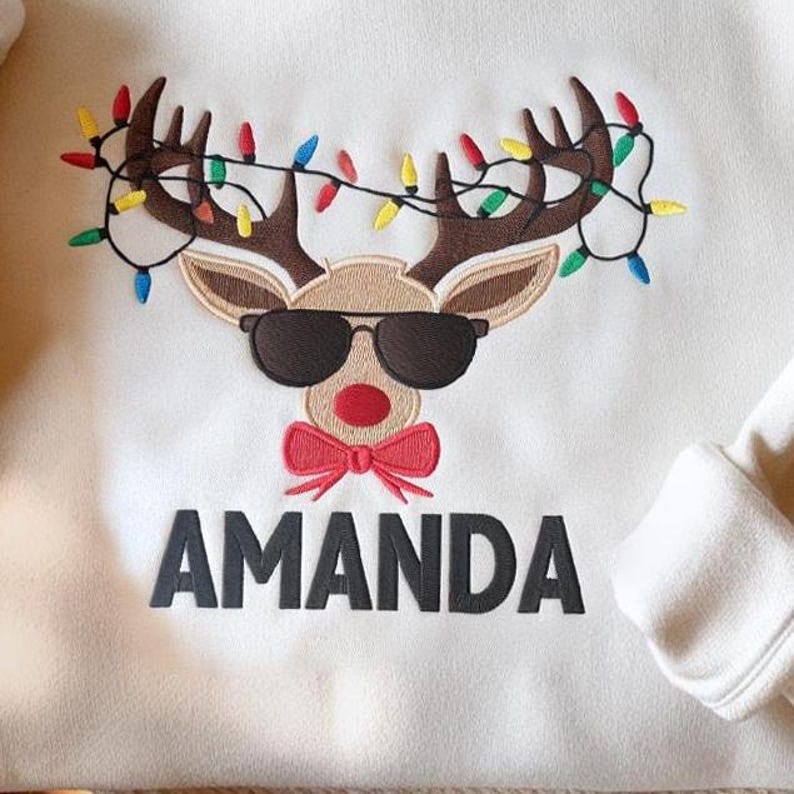 Custom Name Reindeer Embroidered Sweatshirt, Christmas Sweatshirt, Christmas Party Hoodie, Xmas Name Hoodie, Personalized Christmas Sweatshirt