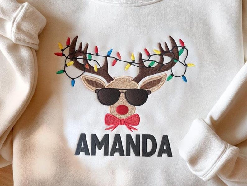 Custom Name Reindeer Embroidered Sweatshirt, Christmas Sweatshirt, Christmas Party Hoodie, Xmas Name Hoodie, Personalized Christmas Sweatshirt