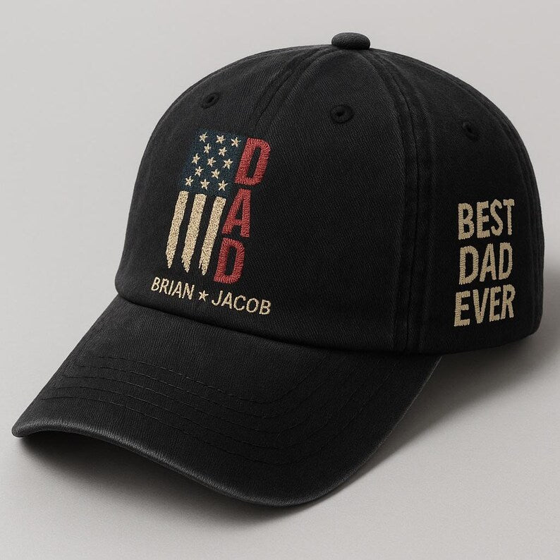 Personalized Dad Hat Custom Embroidered Baseball Cap with American Flag, Best Dad Ever Text and Kids Names, Unique Father s Day Gift