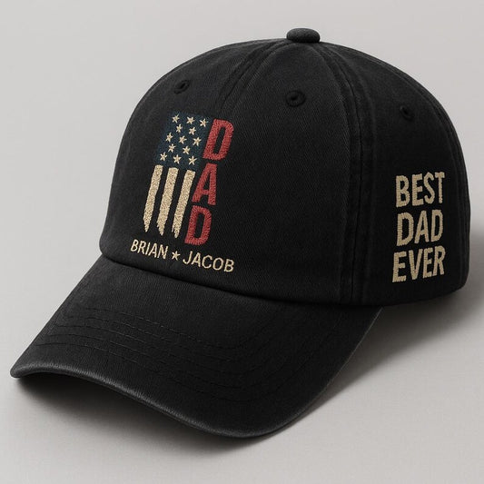 Personalized Dad Hat Custom Embroidered Baseball Cap with American Flag, Best Dad Ever Text and Kids Names, Unique Father s Day Gift