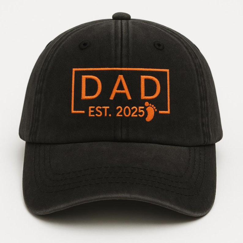 New Dad Hat EST. Year Personalized Embroidered Baseball Cap with Baby Footprint, Thoughtful Father-to-Be Gift for Pregnancy Announcement or First Father s Day