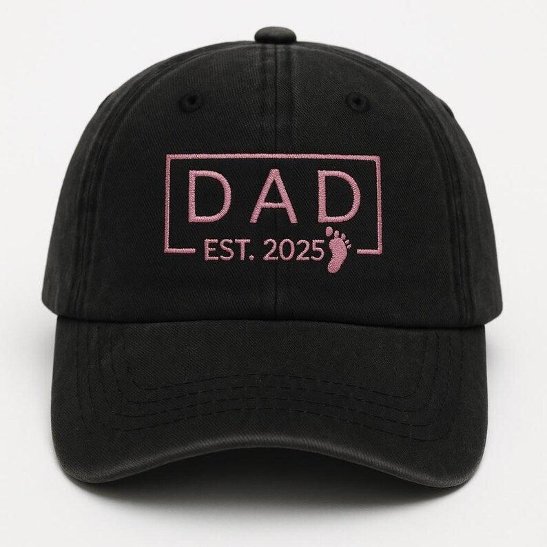 New Dad Hat EST. Year Personalized Embroidered Baseball Cap with Baby Footprint, Thoughtful Father-to-Be Gift for Pregnancy Announcement or First Father s Day