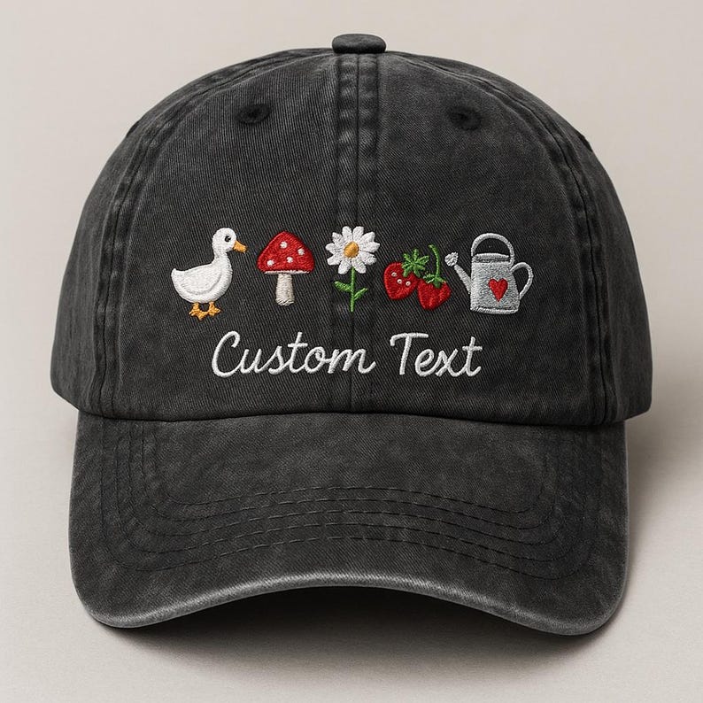 Custom Embroidered Garden Hat Personalized Baseball Cap with Cute Duck, Mushroom, Daisy, Strawberry and Watering Can Designs, Unique Nature Lover Gift