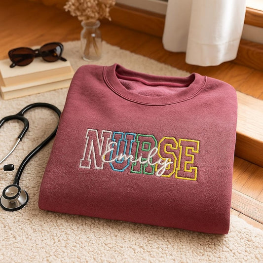 Personalized Nurse Sweatshirt - Custom Name Embroidered Colorful Letter Hoodie, Nursing Student or RN Appreciation Gift for Women and Men