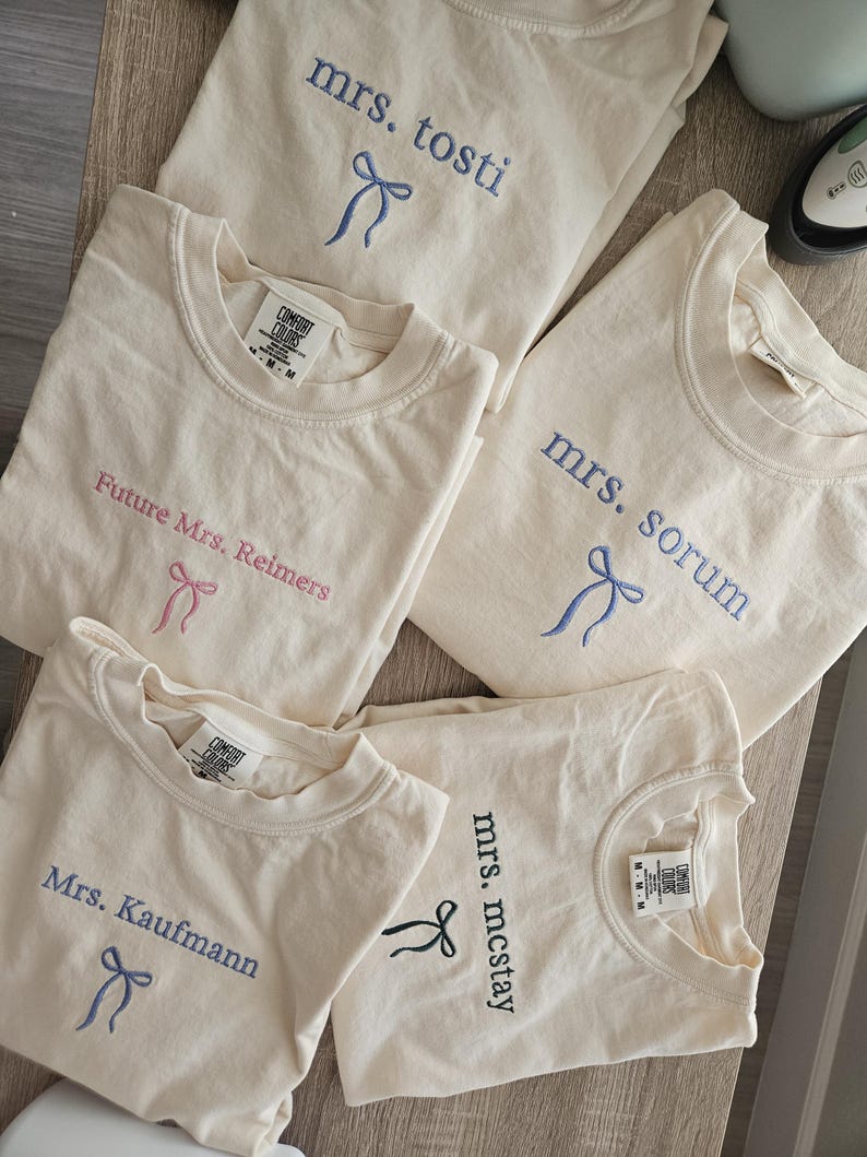 Embroidery Custom Mrs. Bride Shirt, Bride Gift, Wedding shirt, Engagement gift, Bachelorete party tee, Gift for her, Coquette bow bride tee.